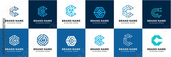 Fototapeta set design logo letter C tech block chain vector template
