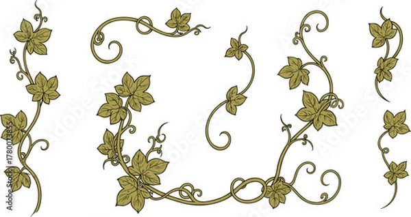 Obraz Art Nouveau Ivy Vine Swirls Vector Set, Elegant Vintage Floral Leaf Border Elements, Decorative Gold Botanical Ornaments, Classic Wedding Invitation and Menu Design Template.