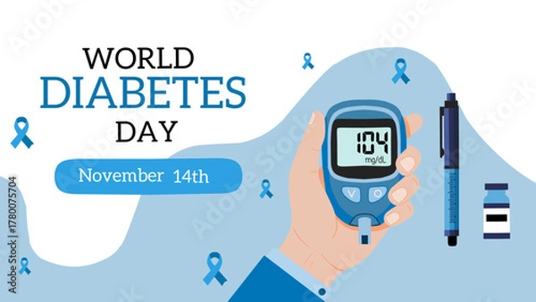 Fototapeta world diabetes day banner with hand holding a blood glucose meter, insulin, and insulin pen on blue background