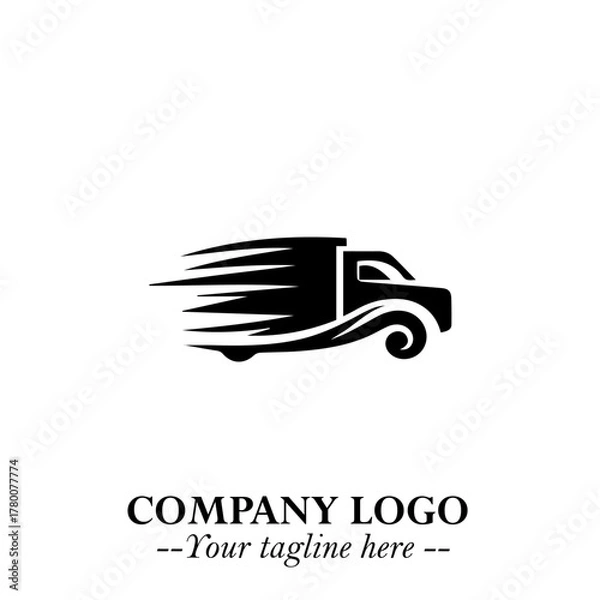 Fototapeta Truck Moving Fast Logo Symbol in Black on the White Background with Dynamic Transport Design