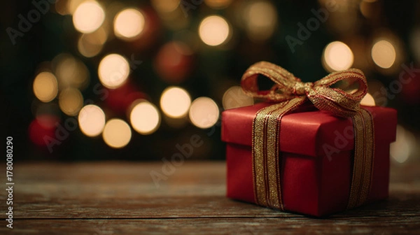 Fototapeta red gift box on wooden table with blurred festive light background with copy space