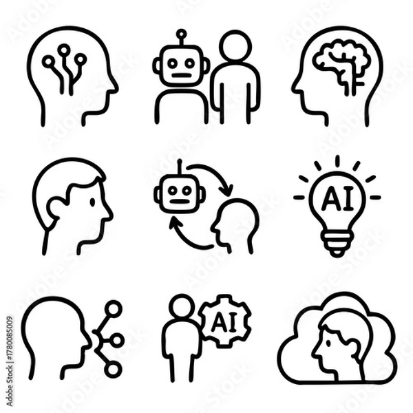 Fototapeta A set of doodle line icons representing AI, showing human and robot interaction, machine learning, brain tech, and cloud thinking