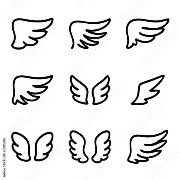 Fototapeta A set of doodle line icons featuring various wing shapes, including angel wings, bird wings, and flying or fantasy-themed designs