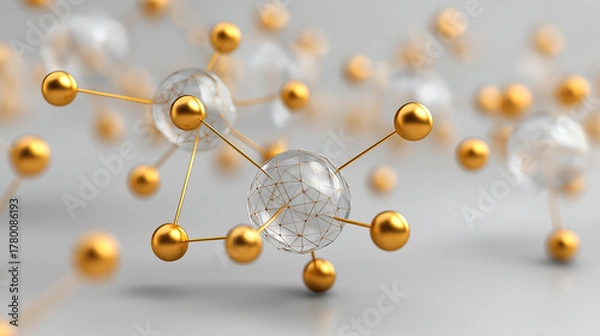 Obraz Abstract molecular structure connection with gold spheres network