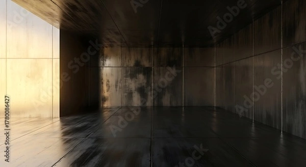 Fototapeta Empty square room with Stainless metal industrial matallic dark abstract background for modern design in warm light