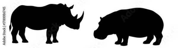 Obraz Majestic rhino and hippopotamus silhouettes showcasing African wildlife, perfect for conservation awareness and impactful environmental design projects