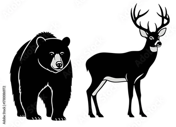 Obraz Majestic bear and deer wildlife illustration, showcasing nature's beauty, perfect for educational materials or nature-themed design projects, originally scalable
