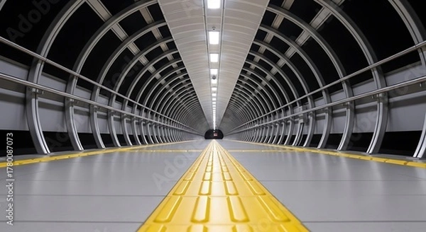 Fototapeta Empty subway walkway tunnel - low angle view. Perspective view of silver tube corridor between underground station platforms. Tactile directional blocks in the middle.