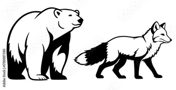 Obraz Majestic bear and cunning fox standing side by side symbolizing nature's balance and strength, ideal for wildlife conservation campaigns and educational materials