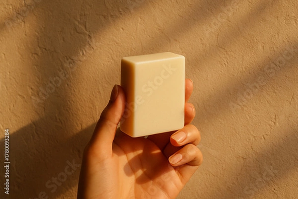 Fototapeta Hand Holding a Square Bar of Soap Mockup in Sunlight