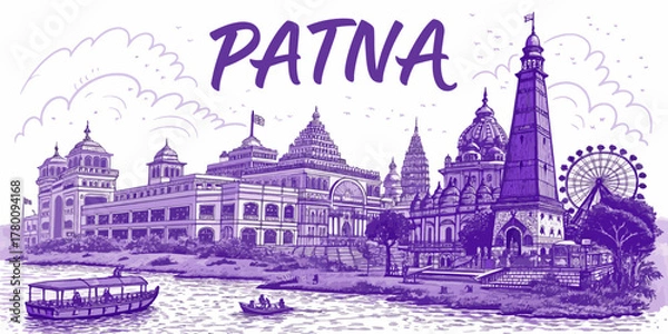 Fototapeta Patna City Skyline Line Art Showing Gandhi Maidan, Patna Museum, and Ganga Ghats | Travel Print and Marketing Use