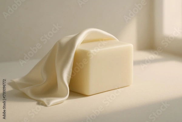 Fototapeta Minimalist Square Soap Bar Mockup with Silk Drape in Window Light