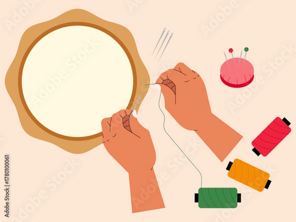 Fototapeta Human hands will make embroidering crafts, he has prepared several tools such as threads, needles. Craft vector illustration. Flat illustration concept.