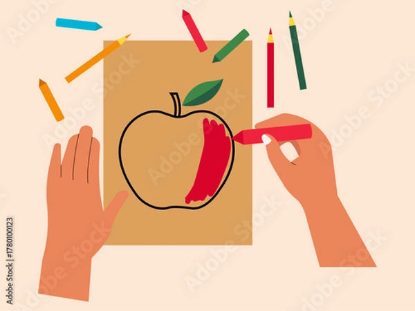 Fototapeta Human hands are making crafts, he is drawing on paper and coloring it, he is making a picture of an apple. Craft vector illustration. Flat illustration concept.