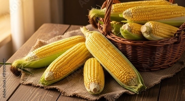 Fototapeta Fresh Corn Harvest: A bountiful basket of sweet corn on a rustic wooden table awaiting preparation