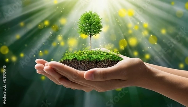 Fototapeta Hands holding a small island with a tree under bright sunlight symbolizing environment protection