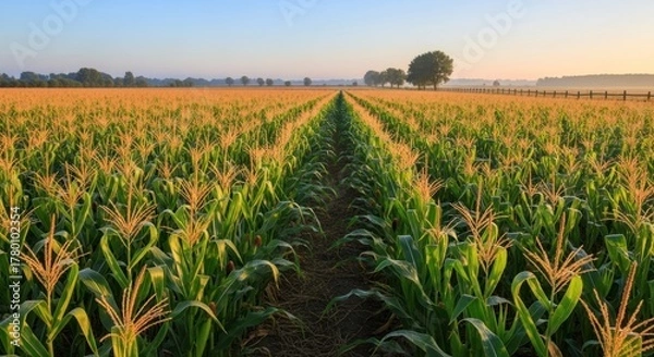 Fototapeta Scenic morning view of a lush green cornfield under a clear blue sky agriculture