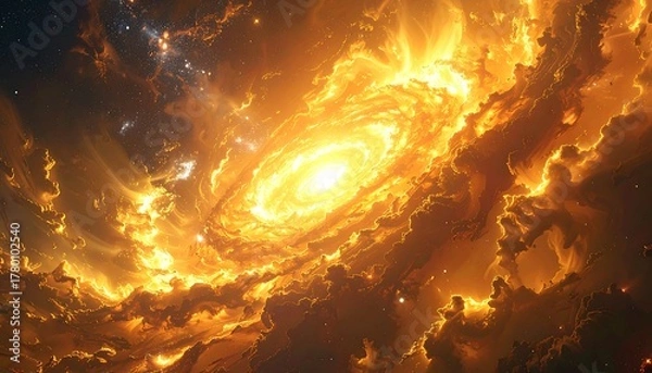 Fototapeta Cosmic fiery vortex against a backdrop of stardust and nebulous clouds