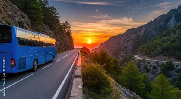 Fototapeta A blue bus driving down a winding mountain road at sunset.