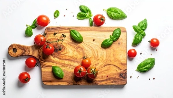 Obraz Fresh Ripe Cherry Tomatoes and Green Basil Leaves Arranged on a Rustic Wooden Cutting Board with a White Background in Soft Natural Light