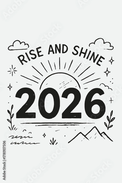 Fototapeta Rising Sun Behind 2026 — Hand Drawn New Year Vector Set in Sketchbook Style