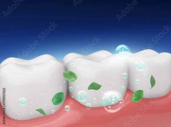Fototapeta Toothpaste foam molecules with mint leaves are cleaning the gums and teeth to protect oral health. Oral care back ground concept, 3D rendering