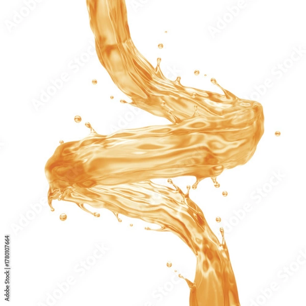 Fototapeta Orange juice or oil spiral isolated on white background, Liquid splash design element, Clipping path, 3D rendering