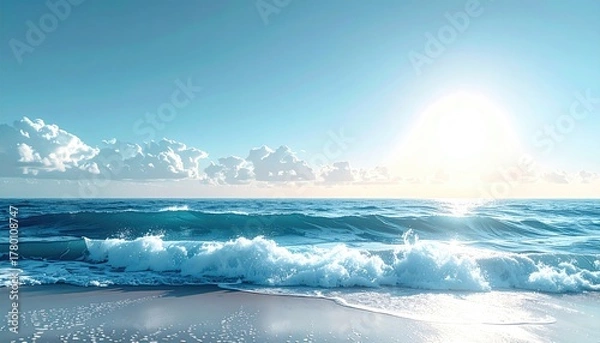 Obraz Ocean Waves Crashing On Shoreline Under Bright Sunlight With Gentle Clouds In The Sky