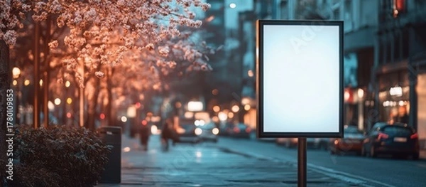 Fototapeta Empty billboard in city street with cherry blossoms