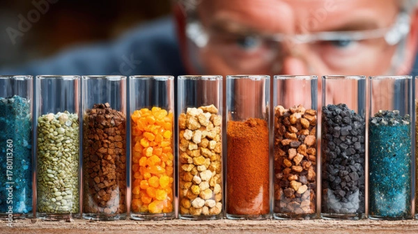 Obraz Close-up of clear glass test tubes filled with various colorful natural spices and herbs arranged neatly on wooden surface with a focused scientist in background wearing glasses