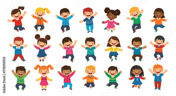 Obraz Diverse group of happy, energetic children jumping and celebrating with arms raised