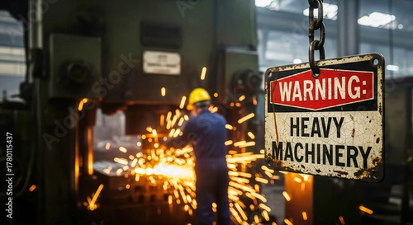 Obraz Rusty "WARNING: HEAVY MACHINERY" sign with a worker generating sparks in a factory, highlighting industrial safety and production risks.
