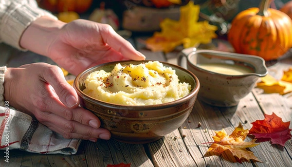 Fototapeta Savor the Season Person Serving Delicious Creamy Mashed Potatoes with Gravy for a Festive Thanksgiving Dinner Gathering on a Rustic Wooden Table