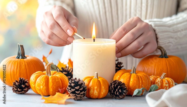Obraz Warm autumn vibes as someone lights a cozy candle surrounded by pumpkins and pinecones creating a relaxing seasonal atmosphere for fall decor