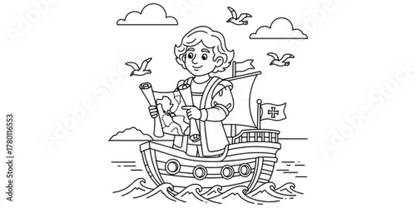 Obraz Young Christopher Columbus on His Ship – Fun Kids Coloring Page