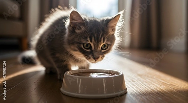 Fototapeta Kitten eating from a bowl
