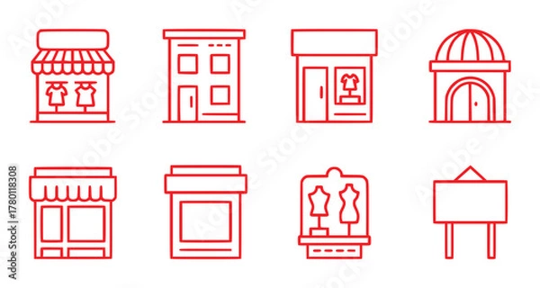 Fototapeta Collection of Red Line Art Icons Representing Various Shops and Buildings