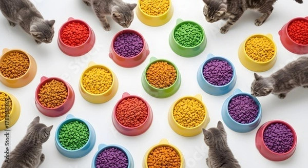 Obraz Cats and colorful food bowls on white background