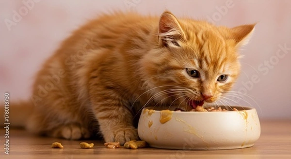 Fototapeta Orange kitten eating from a bowl