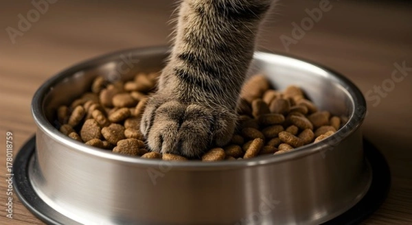 Fototapeta Cat paw reaches into food bowl