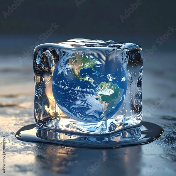Obraz Globe Earth model encapsulated within transparent ice cube, melting