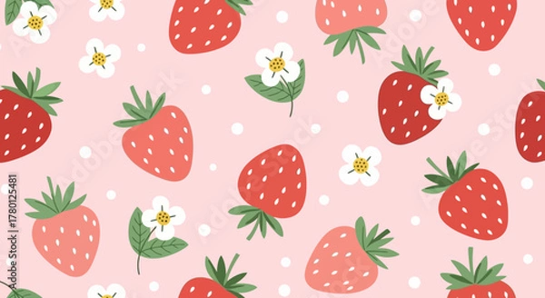 Obraz Strawberry Delight Seamless Pattern with Berries, Blossoms, and Dots for Backgrounds
