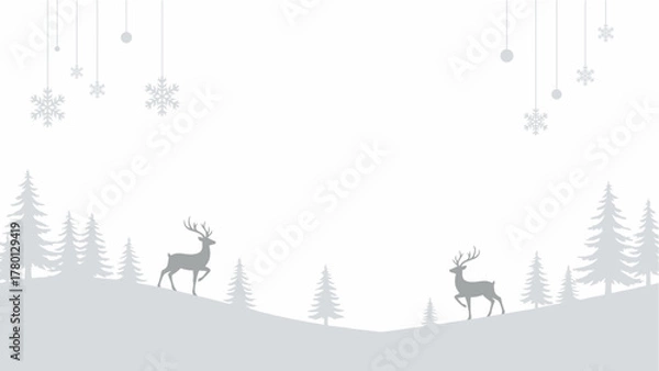 Fototapeta A serene, monochromatic winter landscape featuring two reindeer silhouettes among pine trees under falling snow.