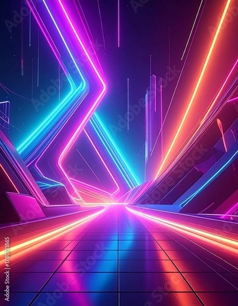 Fototapeta Futuristic city scene with neon geometric pathways, perspective-based, vibrant colors, and dynamic light effects