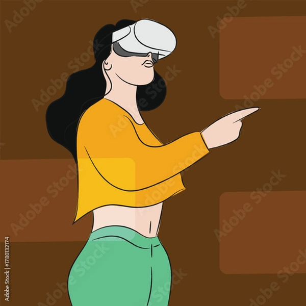 Fototapeta Woman wearing VR headset and interacting with virtual reality