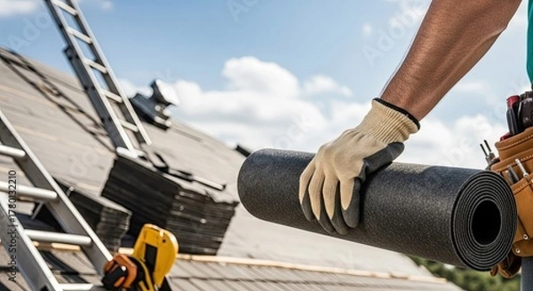 Fototapeta A worker holding a roll of black rubber matting on a roof with a ladder and tools in the background.