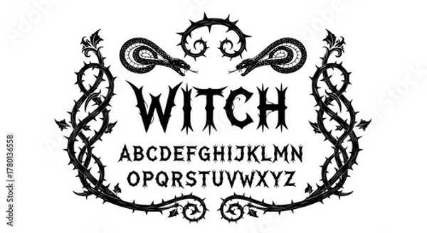 Obraz Witch alphabet font with snakes and thorns, gothic style, black and white illustration