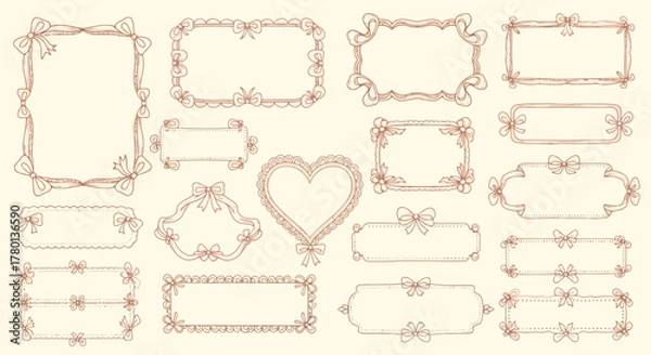 Obraz Collection of decorative handdrawn frames and borders with bows and ribbons in a vintage style, perfect for invitations and scrapbooking