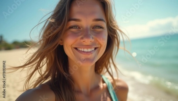 Fototapeta Coastal Light Portrait — Selfie with Natural Warmth and Ocean Breeze