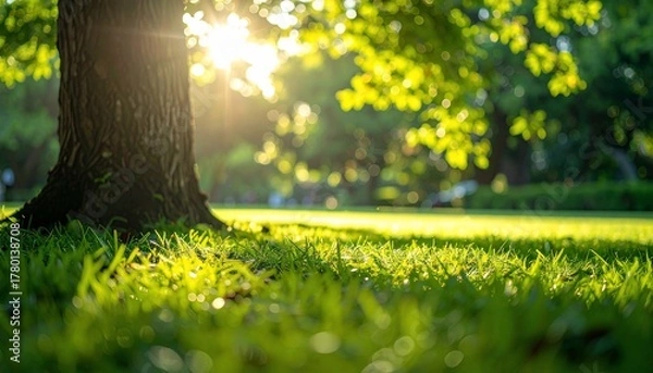 Fototapeta Sunlit Landscape Featuring a Tree and Lush Green Grass with a Breathtaking Bokeh Effect